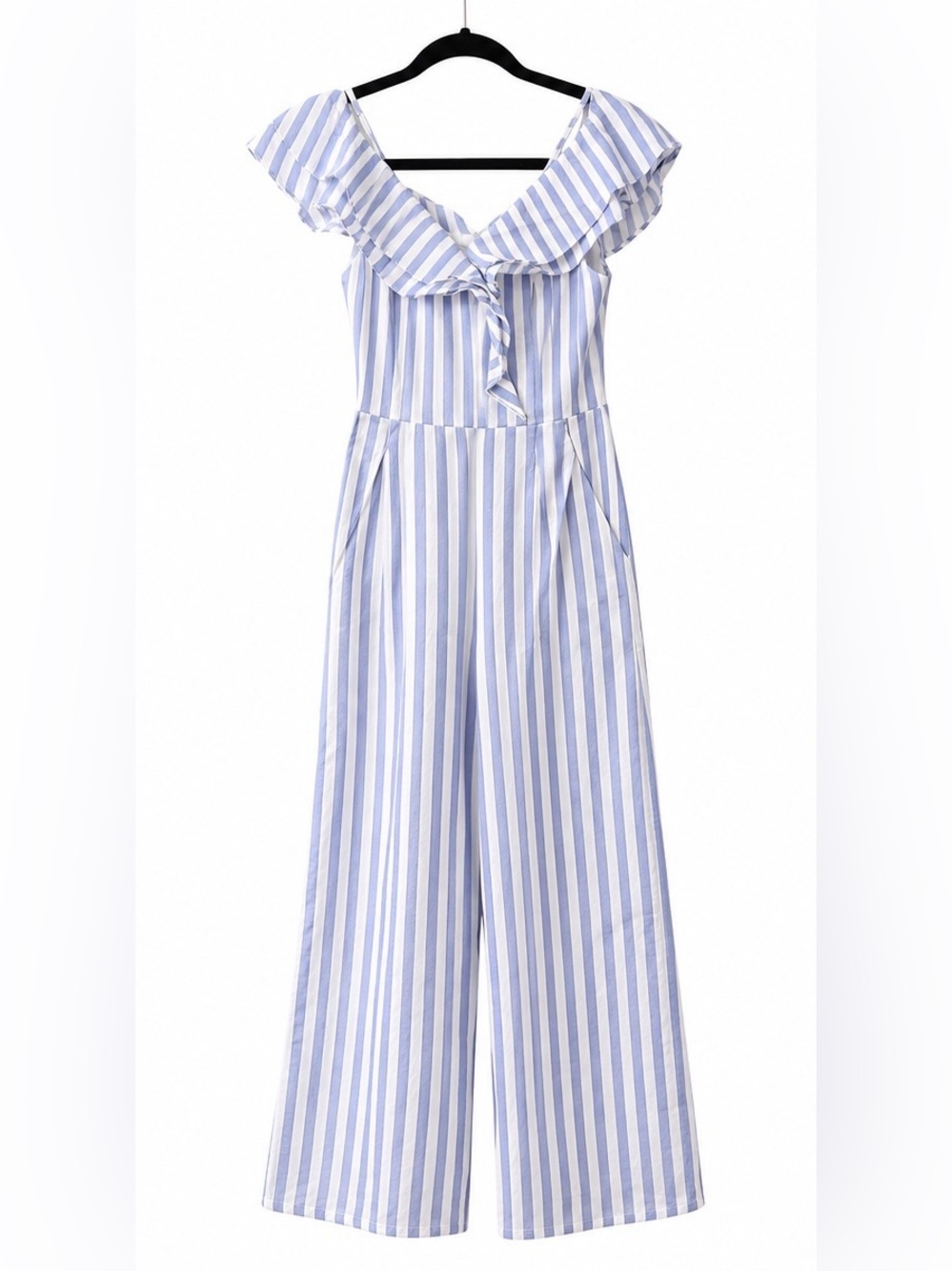 Main Strip Light Blue & White Striped Ruffle-Trim Jumpsuit